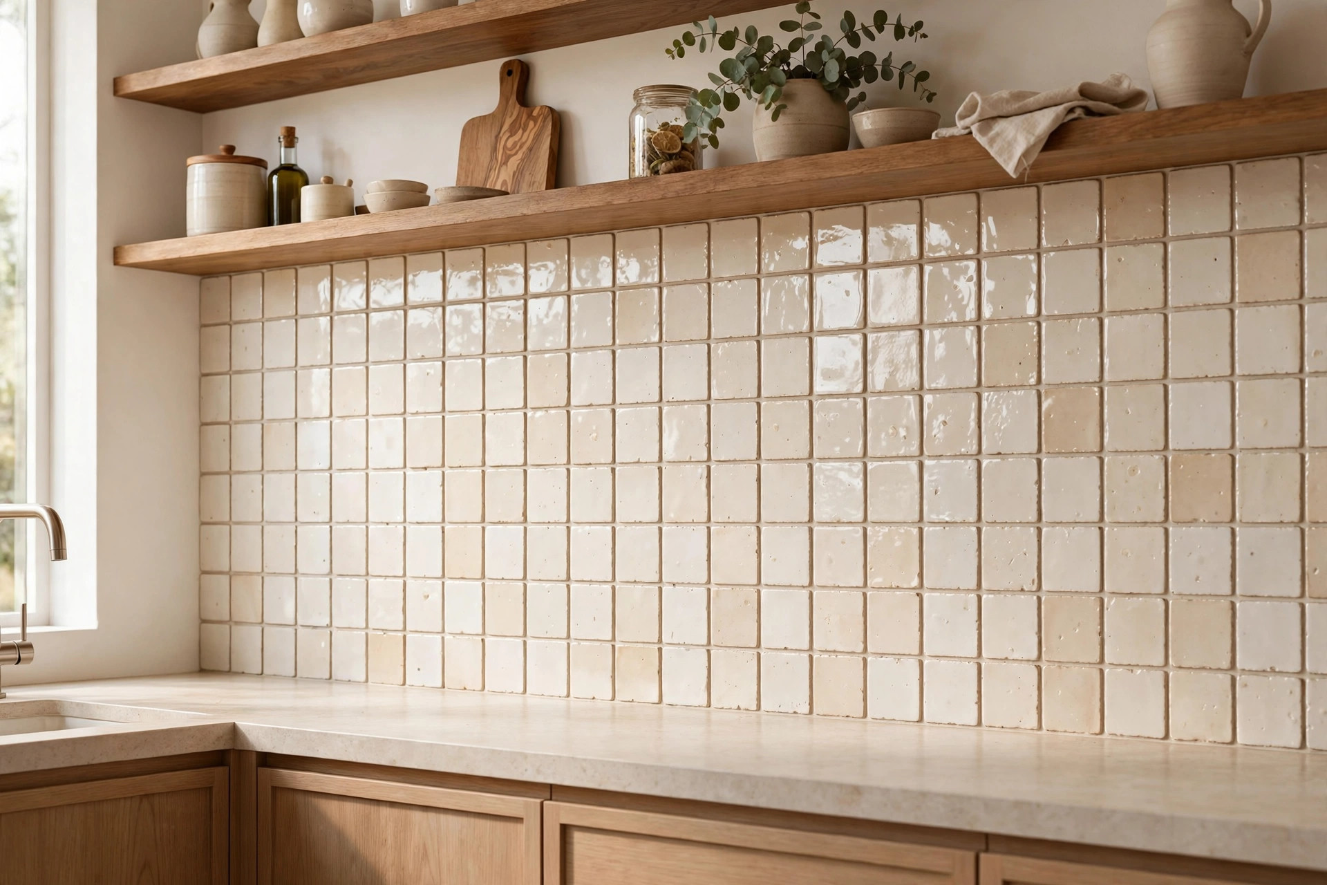 Handmade zellige square tile kitchen backsplash