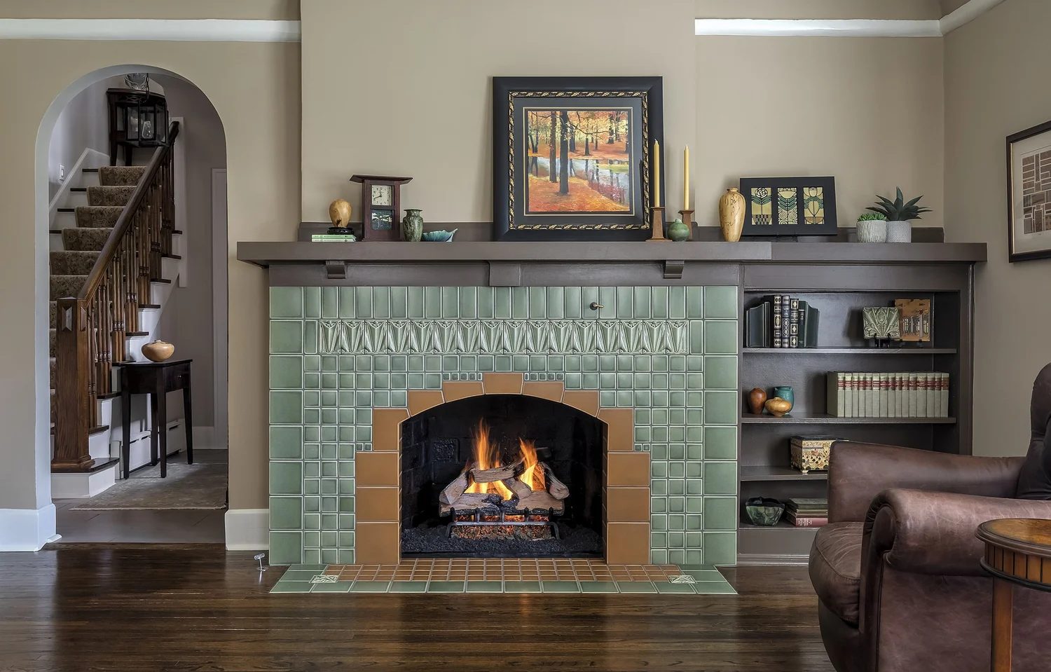 Tile fireplace surround in living room